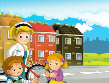 doktor ile bisiklet kazası sonrası çocuk çifti ile karikatür sahne - çocuklar için illüstrasyon