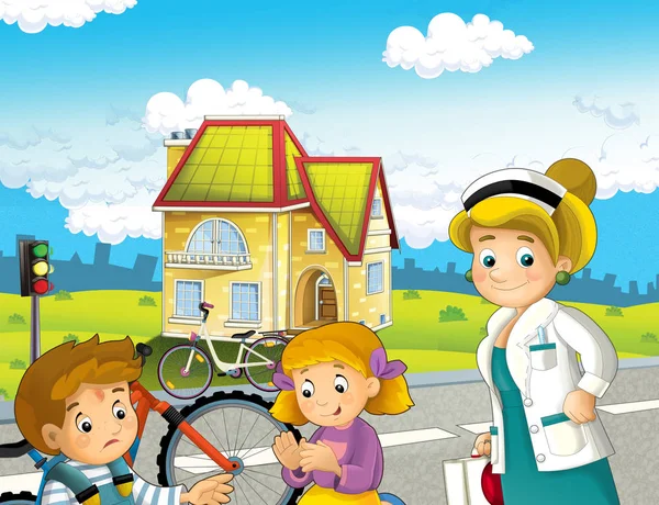 Tecknad Scen Med Par Barn Efter Cykelolycka Med Läkare Illustration — Stockfoto