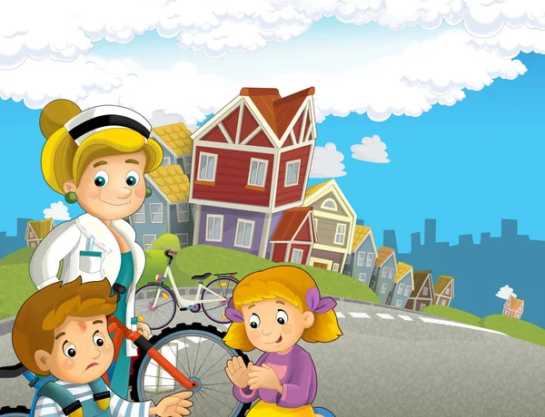 Tecknad Scen Med Par Barn Efter Cykelolycka Med Läkare Illustration — Stockfoto