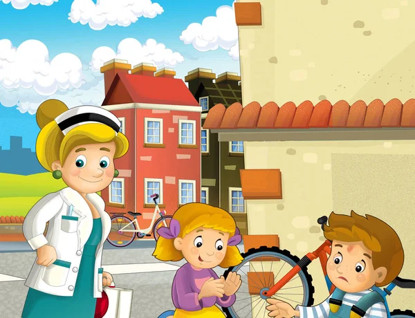 Cena Dos Desenhos Animados Com Par Crianças Após Acidente Bicicleta — Fotografia de Stock