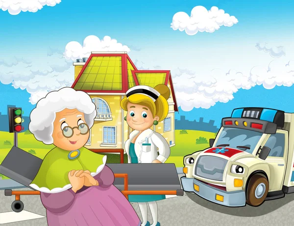 Cartoon Scene City Doctor Car Happy Ambulance Illustration Children — Stock Photo, Image