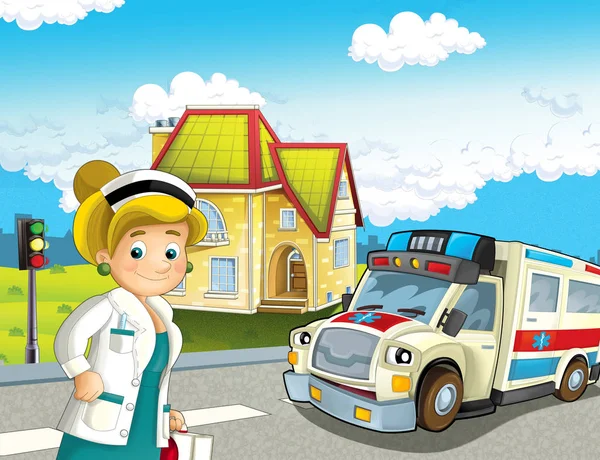 Cartoon Scene City Doctor Car Happy Ambulance Illustration Children — Stock Photo, Image