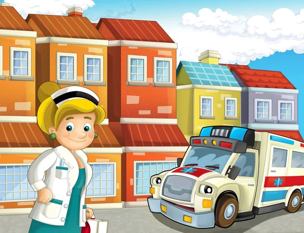 Tecknad Scen Staden Med Läkare Bil Glad Ambulans Illustration För — Stockfoto