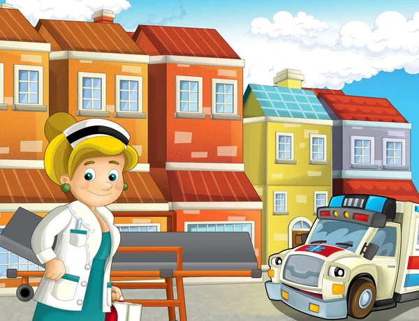 Cartoon Scene City Doctor Car Happy Ambulance Illustration Children — Stock Photo, Image