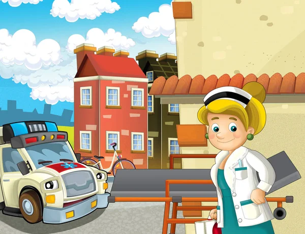 Tecknad Scen Staden Med Läkare Bil Glad Ambulans Illustration För — Stockfoto