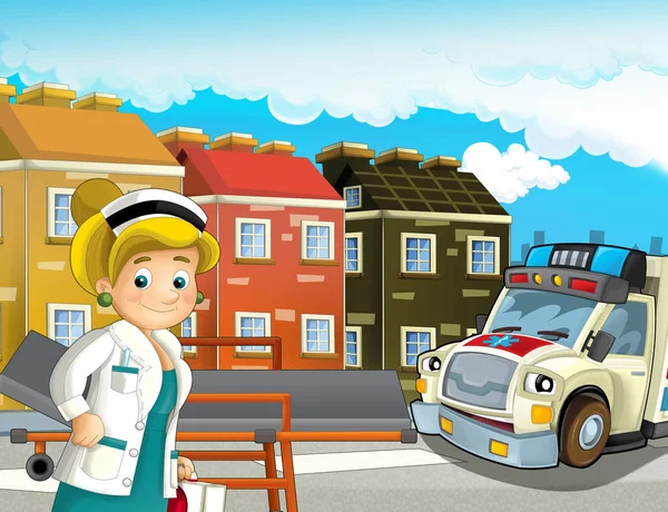 Tecknad Scen Staden Med Läkare Bil Glad Ambulans Illustration För — Stockfoto