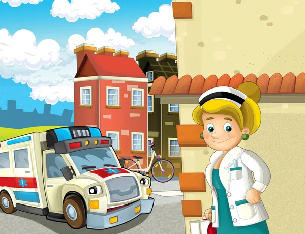 Tecknad Scen Staden Med Läkare Bil Glad Ambulans Illustration För — Stockfoto