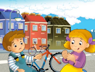 Erkek ve kızın bisiklet sürdüğü çizgi film sahnesi. Çocuklar için çizimler.