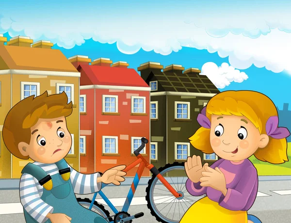 Cartoon Scene Boy Girl Bicycle Ride Having Accident Illustration Children — Stock Photo, Image