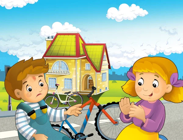 Cartoon Scene Boy Girl Bicycle Ride Having Accident Illustration Children — Stock Photo, Image