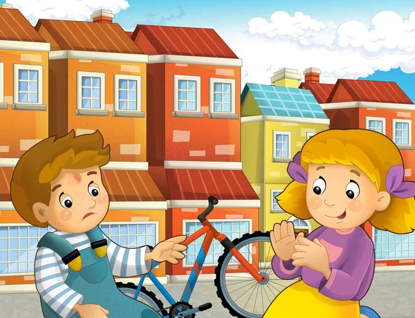 Cartoon Scene Met Jongen Meisje Fiets Rijden Met Ongeval Illustratie — Stockfoto