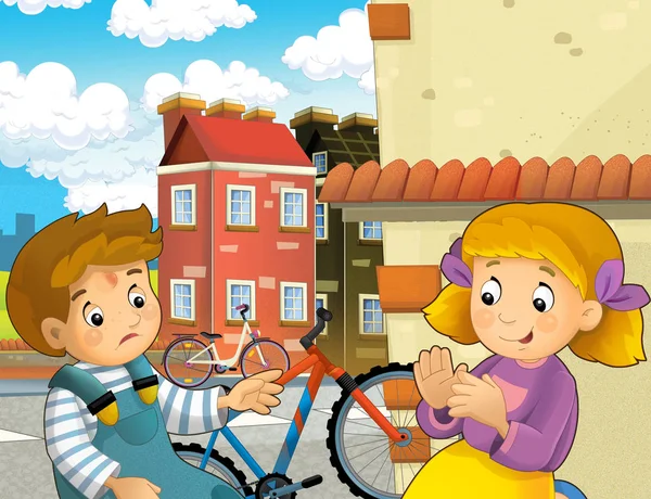 Scena Del Cartone Animato Con Ragazzo Ragazza Bicicletta Avere Incidente — Foto Stock