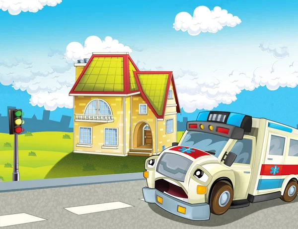 Cartoon Szene Der Stadt Mit Fröhlichem Krankenwagen Illustration Für Kinder — Stockfoto