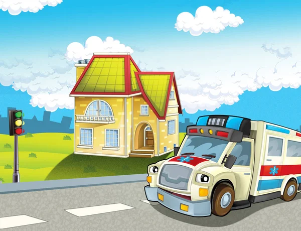 Cartoon Szene Der Stadt Mit Fröhlichem Krankenwagen Illustration Für Kinder — Stockfoto