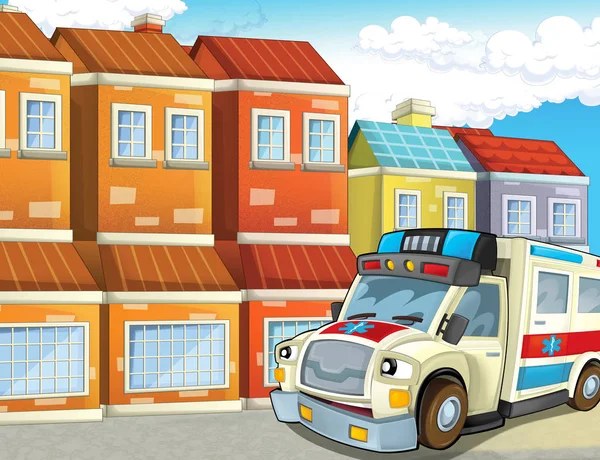 Γελοιογραφία Σκηνή Της Πόλης Ευτυχισμένο Ασθενοφόρο Εικονογράφησης Για Παιδιά — Φωτογραφία Αρχείου