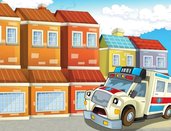 Cartoon Szene Der Stadt Mit Fröhlichem Krankenwagen Illustration Für Kinder — Stockfoto