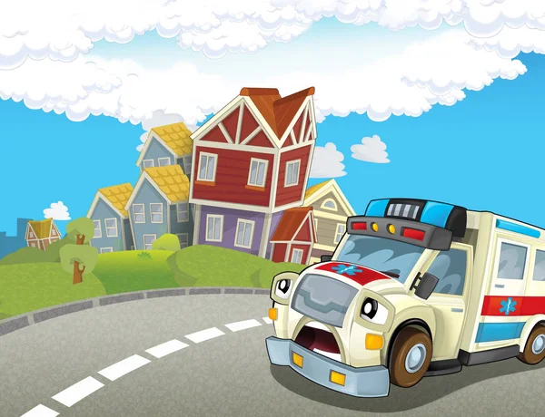 Cartoon Scène Stad Met Gelukkig Ambulance Illustratie Voor Kinderen — Stockfoto