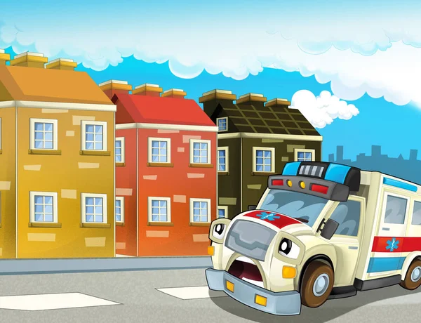 Cartoon Szene Der Stadt Mit Fröhlichem Krankenwagen Illustration Für Kinder — Stockfoto