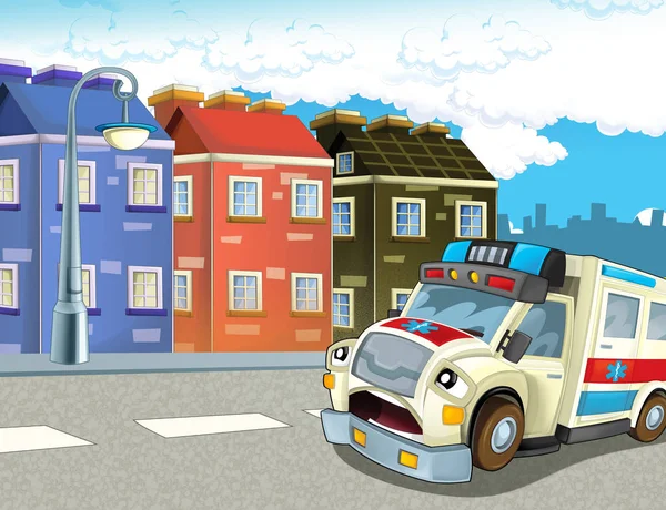 Cartoon Scène Stad Met Gelukkig Ambulance Illustratie Voor Kinderen — Stockfoto