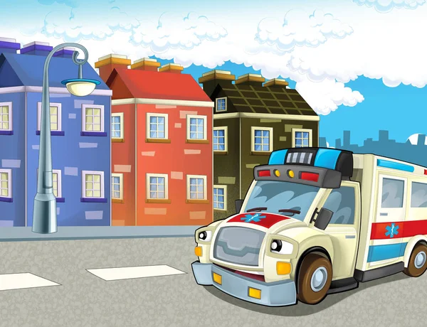 Cartoon Scène Stad Met Gelukkig Ambulance Illustratie Voor Kinderen — Stockfoto