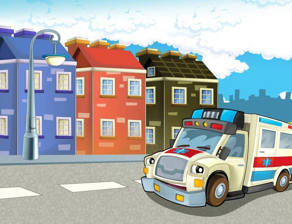 Cartoon Scene City Happy Ambulance Illustration Children — Stock Photo, Image