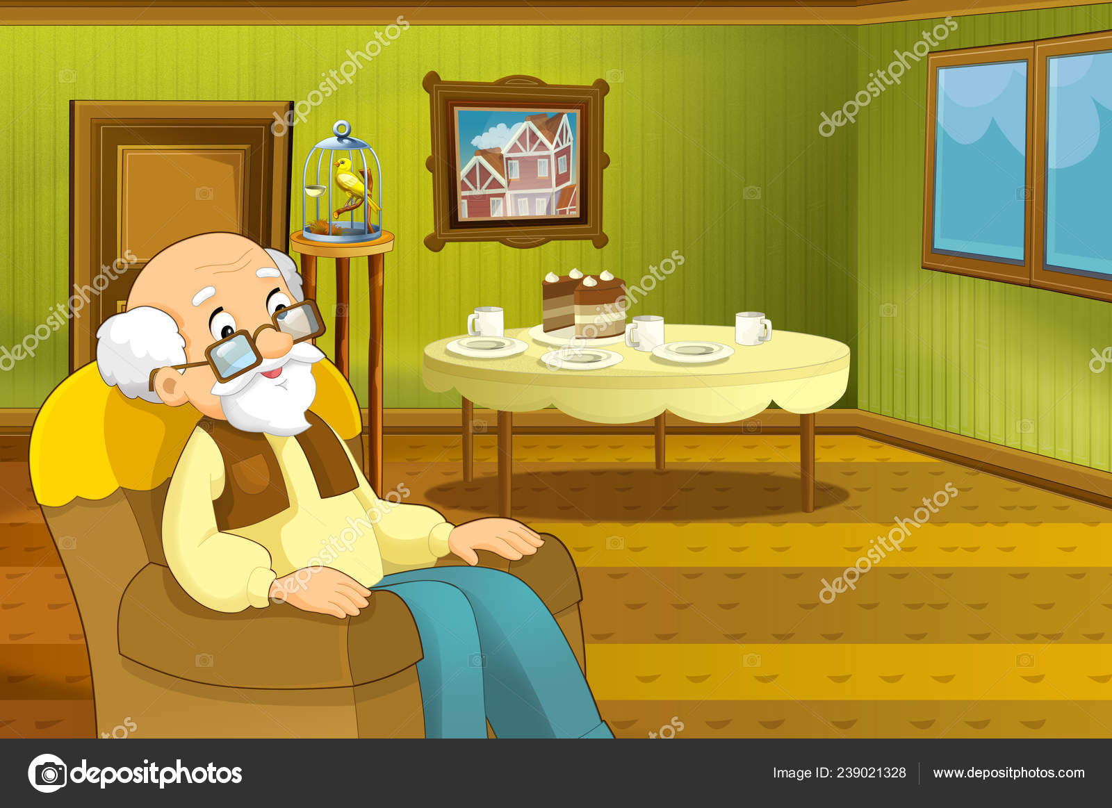 Cartoon Scene House Interior Living Room Older Man Grand Father Stock Photo  by ©illustrator_hft 239021328