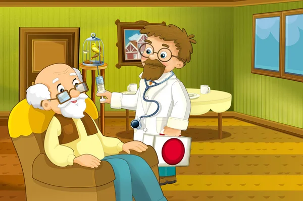 Cartoon Scene House Interior Living Room Older Man Grandfather Doctor — стоковое фото