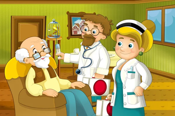 Cartoon scene of house interior living room with older man and doctor visiting him - grand father and doctor visiting him - hall - illustration for children
