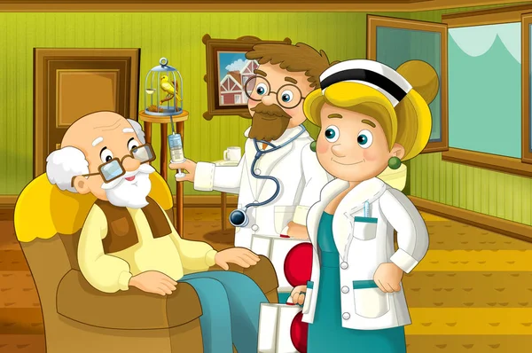 Kreskówka Scena Wnętrza Salonu House Starszy Człowiek Lekarz Odwiedzania Grand — Zdjęcie stockowe