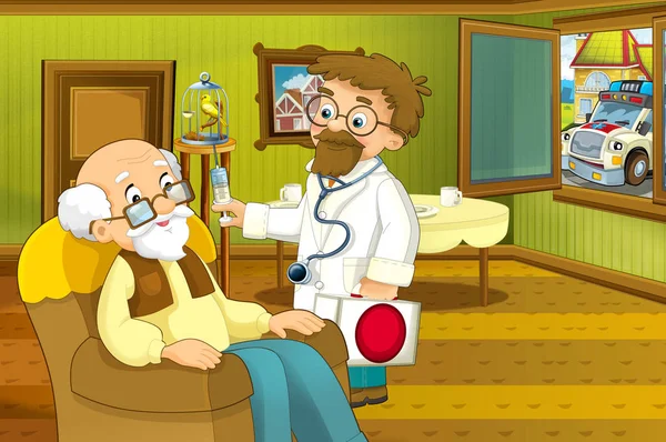 古い男と彼 壮大な父と彼を訪問医師に子供のための ホール 図を訪問医師の家インテリア リビング ルームの漫画シーン — ストック写真
