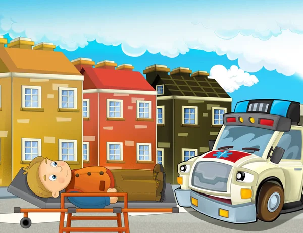 Tegnefilmscene Byen Med Lege Bilglad Ambulanse Mann Skadet Båre Illustrasjon – stockfoto