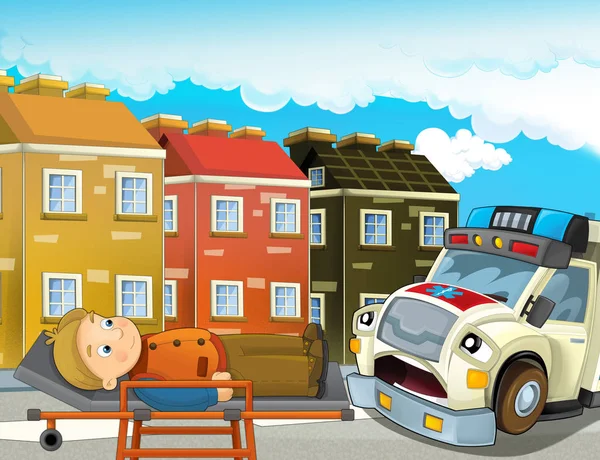 Γελοιογραφία Σκηνή Της Πόλης Ευτυχισμένο Ασθενοφόρο Αυτοκίνητο Γιατρός Και Άνθρωπος — Φωτογραφία Αρχείου