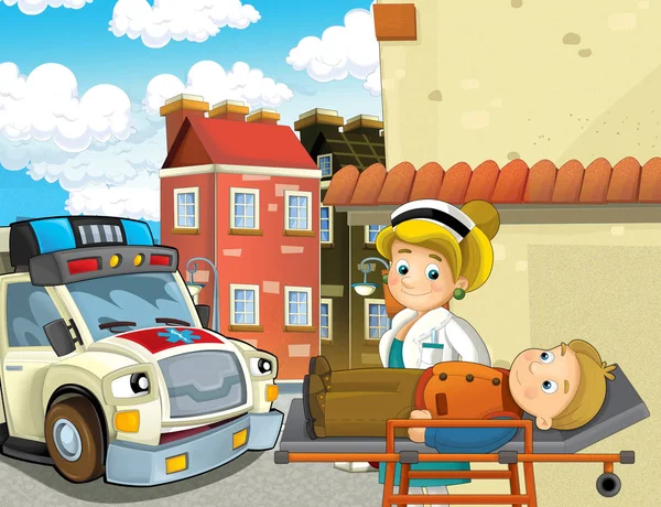 Cena Dos Desenhos Animados Cidade Com Senhora Médico Carro Ambulância — Fotografia de Stock