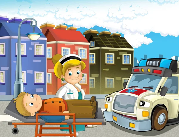 cartoon scene in the city with lady doctor and car happy ambulance and man injured on stretcher - illustration for children