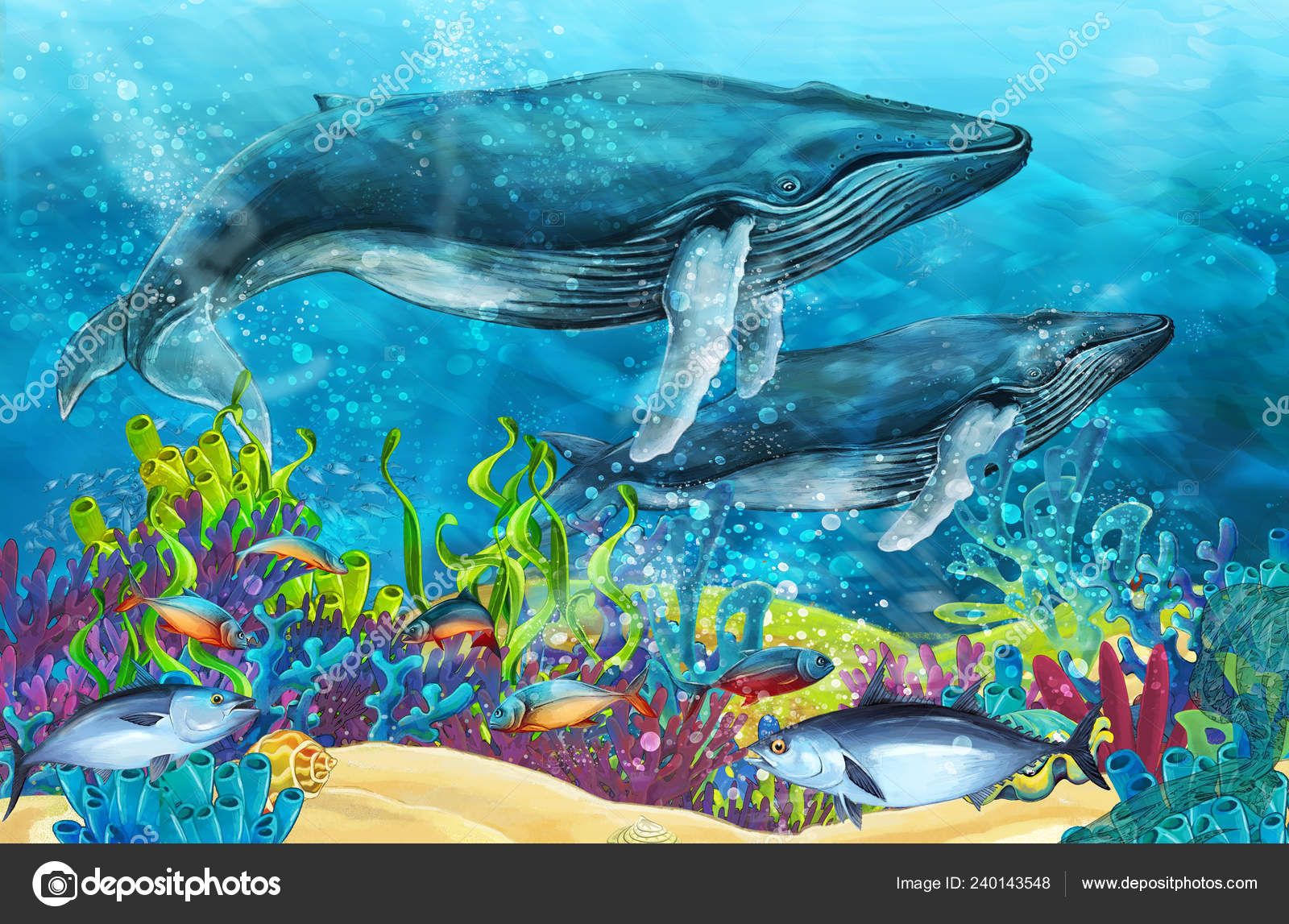 Cartoon Scene Whale Coral Reef Illustration Children Stock Photo by  ©illustrator_hft 240143548