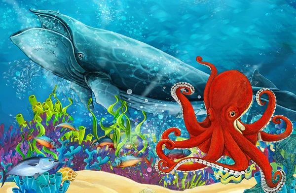 Rajzfilm Jelenet Bálna Polip Közelében Korallzátony Illusztrációja Gyermekeknek — Stock Fotó