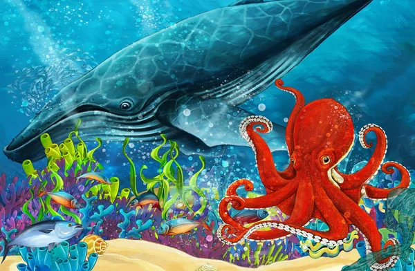 Cartoon Scène Met Walvis Octopus Buurt Van Coral Reef Illustratie — Stockfoto