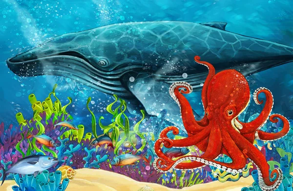 クジラとサンゴ礁 子供のための図に近いタコ漫画シーン — ストック写真