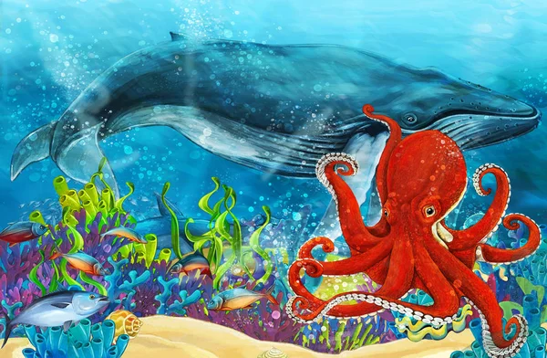 Zeichentrickszene Mit Walen Und Kraken Der Nähe Von Korallenriffen Illustration — Stockfoto