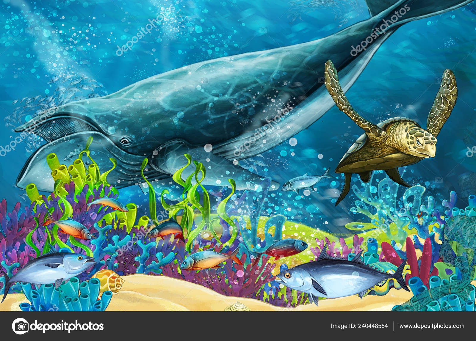 Cartoon Scene Whale Coral Reef Illustration Children Stock Photo by  ©illustrator_hft 240448554