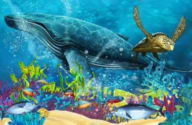 cartoon scene with whale near coral reef - illustration for children clipart