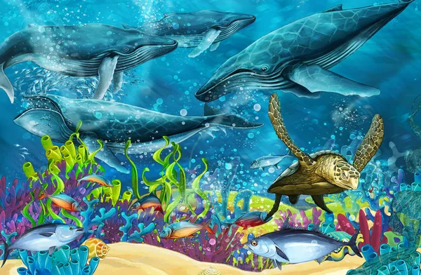 Escena Dibujos Animados Con Ballena Cerca Los Arrecifes Coral Ilustración — Foto de Stock