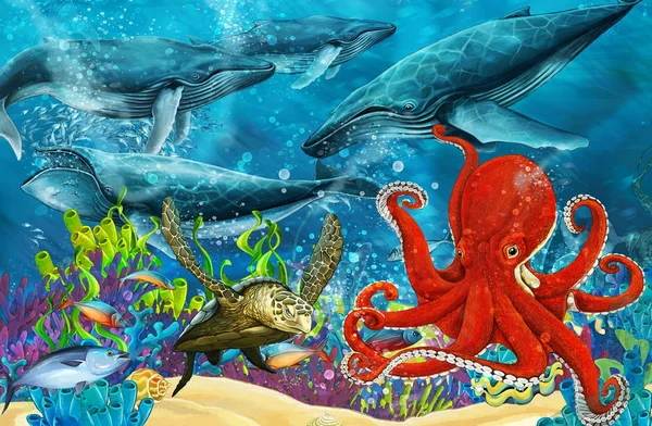 Cartoon Scen Med Whale Och Bläckfisk Nära Coral Reef Illustration — Stockfoto