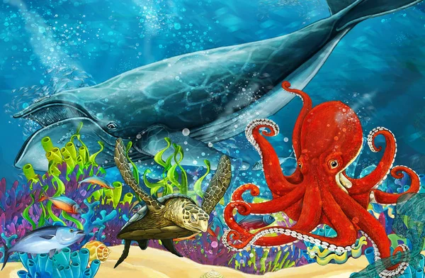Scène Dessin Animé Avec Baleine Poulpe Près Récif Corallien Illustration — Photo