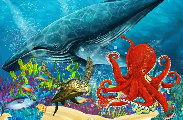 Cartoon Scen Med Whale Och Bläckfisk Nära Coral Reef Illustration — Stockfoto