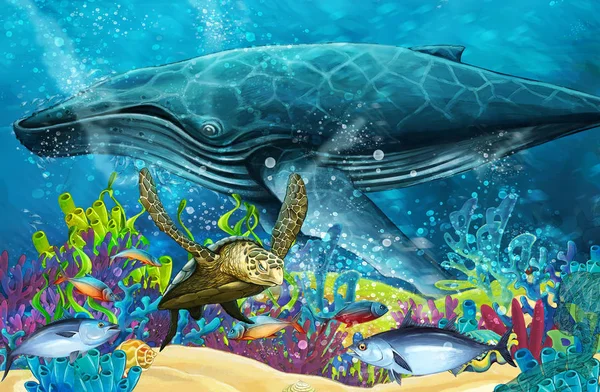 Escena Dibujos Animados Con Ballena Cerca Los Arrecifes Coral Ilustración — Foto de Stock
