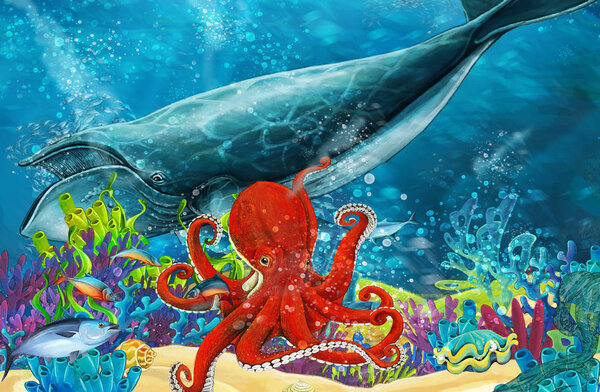 cartoon scene with whale and killer whale and octopus near coral reef - illustration for children