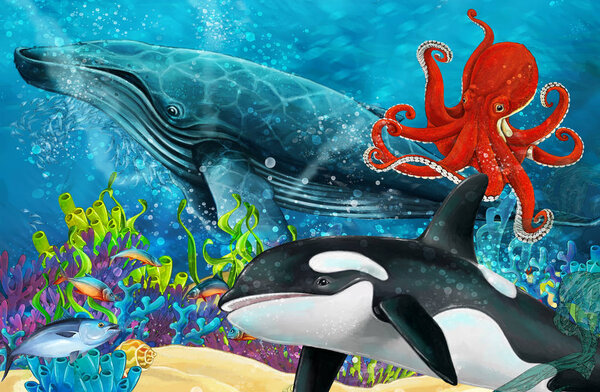 cartoon scene with whale and killer whale and octopus near coral reef - illustration for children