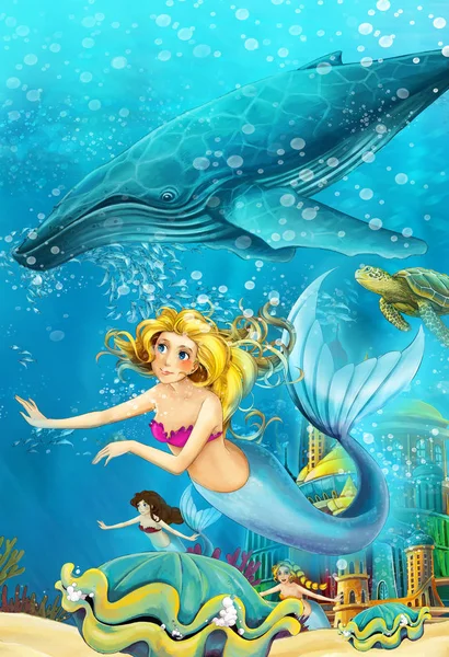 Cartoon ocean and the mermaid in underwater kingdom swimming with whales - illustration for children