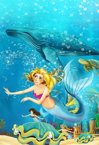 Cartoon Ocean Mermaid Underwater Kingdom Swimming Whales Illustration Children — Stock Photo, Image